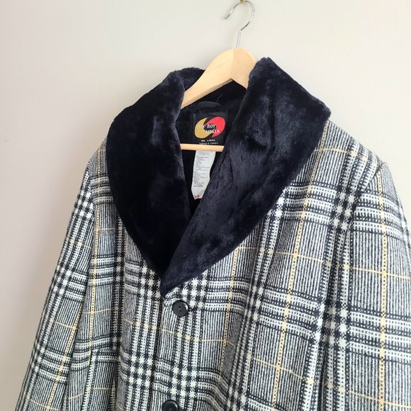Vintage 50s 60s Con-Roy Casuals gray plaid wool man coat black faux fur collar. - Picture 4 of 12